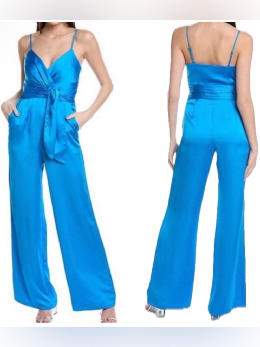 RAMY BROOK Willow Lake Blue Satin Wide-Leg Jumpsuit with Waist Tie NWT $565